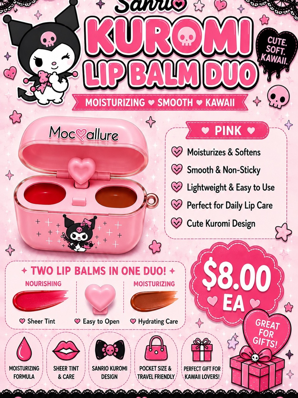 Sanrio Kuromi Pink Lip Balm Duo Moisturizing Set